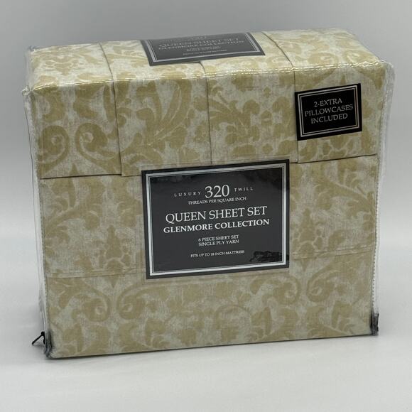 Glenmore Collection 6 pc QUEEN Sheet Set 320 Twill Damask Pattern NEW - Picture 1 of 4